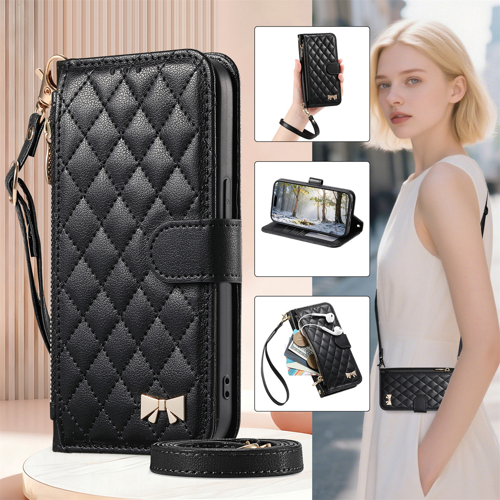 PU Leather Zipper Crossbody Fl - Leather Card Wallet recensione e prezzo