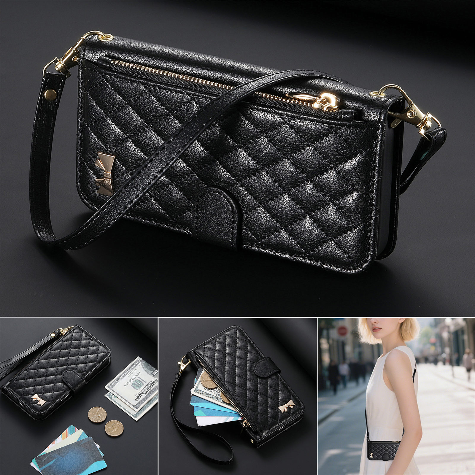 PU Leather Zipper Crossbody Fl - Leather Card Wallet recensione e prezzo